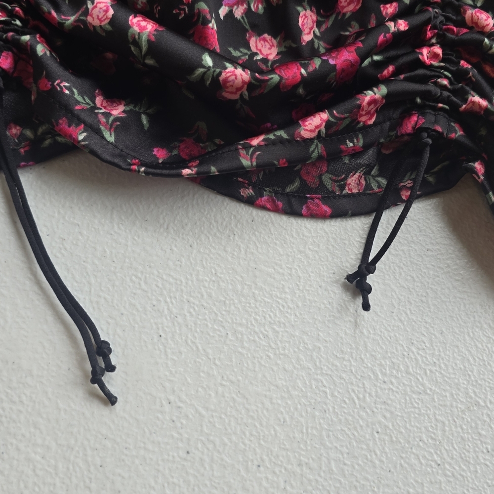 For Love & Lemons Black Off-Shoulder Ruched Mini Dress with Floral Print - Picture 14 of 15